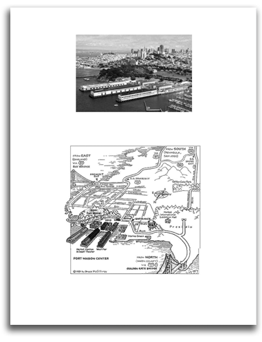 Brochure image showing aerial of Fort Mason and locale map placing it in SF